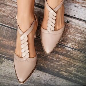 WHITE T-strap Block Heel Pumps